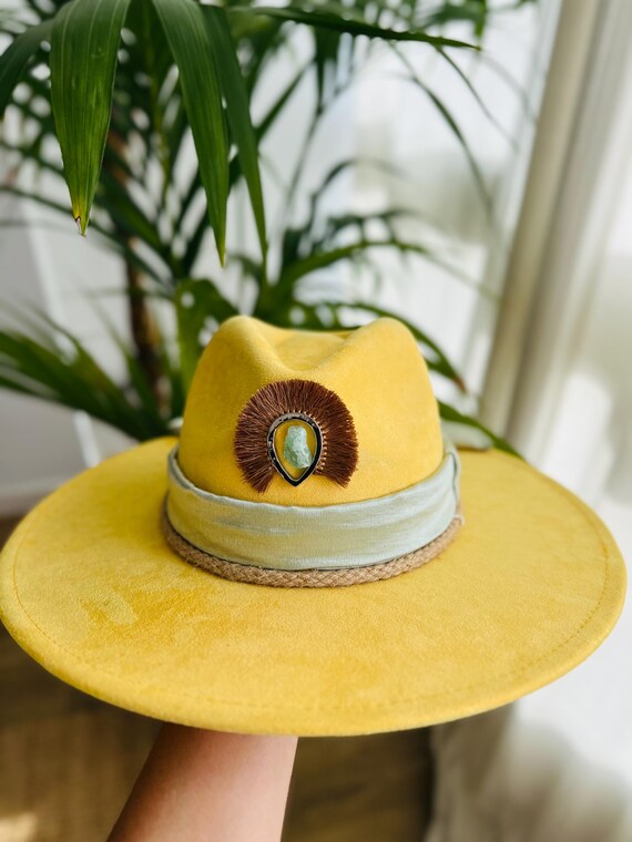 Blue Suede Hat with Yellow Ribbon and Feather Accent FUR FEATHER Wide Brim FEDORA Hat, Cream or Natural Royal  main image 3