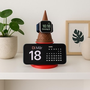 MagSafe Ladestation in Eis-Optik – 3D-gedrucktes Lade-Dock für iPhone & Apple Watch – Verspieltes Schokoladen-Eishörnchen Design