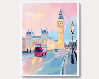 May include: An art print of London featuring Big Ben and a red double-decker bus. The painting has a soft, pastel color palette with pink, blue, and yellow hues. A street lamp is visible on the right side of the image.