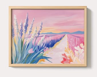 Lavendelfeld Sonnenuntergang Malerei: Pastell Provence Landschaft Wand Kunst Druck (Digitaler Download)