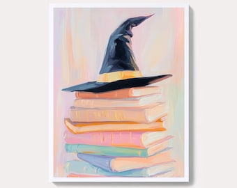 Moody Witch&#39;s Hat Painting | Vintage Halloween Wall Art Print | Witchy Cottage Fall Decor | Spooky Pastel Digital Download