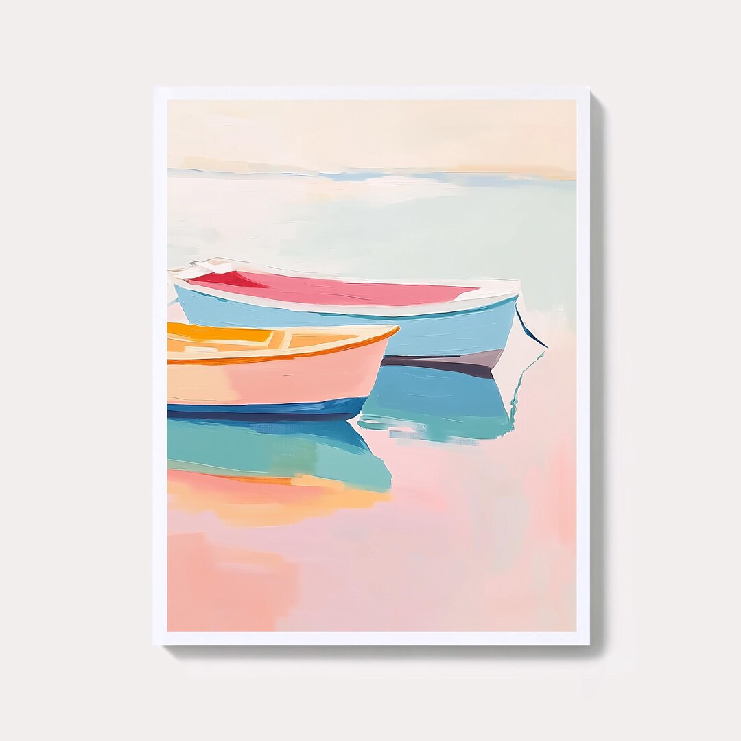 Pink Rowboat Colorful Pastel Rowboat Painting | Pink Coastal Beach House Wall Art ...