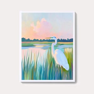 White Heron Sunset Art Print: Coastal Marsh Painting (Digital Download)