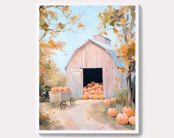 Pumpkin Trio Countryside Painting | Pastel Farmhouse Autumn Wall Art Print | Halloween Foliage Printable | Cozy Fall Digital Download