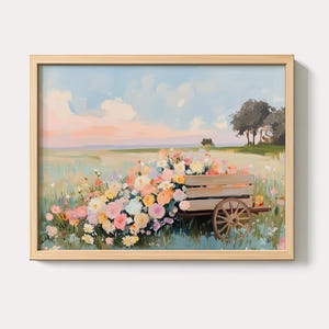 パステルカラーの野花の絵画 | 田舎の春の風景画 | ヴィンテージフローラルファームハウスの印刷物 | デジタルネイチャーダウンロード