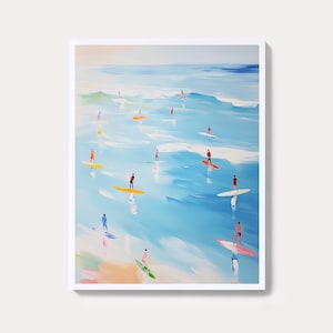 Roze zeegezichtprint: Surfer Ocean Art, Coastal Beach House-decor (digitale download)