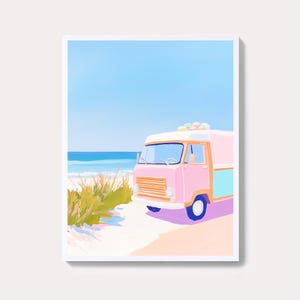 ビーチのレトロなアイスクリームバンの絵画 | 海岸沿いのヴィンテージな夏のウォールアートプリント | 海辺での休暇の印刷可能なデジタルダウンロード