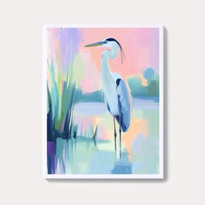Heron Marsh Painting: Pastel Coastal Bird Art Print (Digital Download)