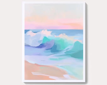 パステル調の夕焼け海景画：ビーチハウスのアートプリント（デジタル