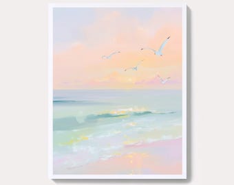 海岸のカモメの絵画：ピンクの夕焼けのビーチアート（デジタル