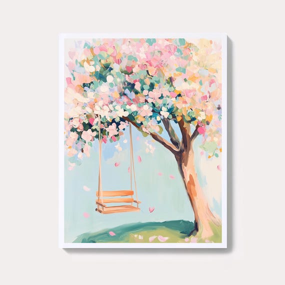 Swing in Tree Watercolor Painting: Floral Wall Art Print (Digital Download)