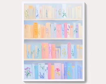 Pastell Blumen Bücherregal Kunstdruck | Feminine Bibliothek Dekor (Digitaler Download)