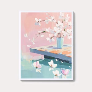 Sakura Petals in the Breeze Painting | Pink Background Floral Wall Art Print | Spring Blossom Printable Digital Download