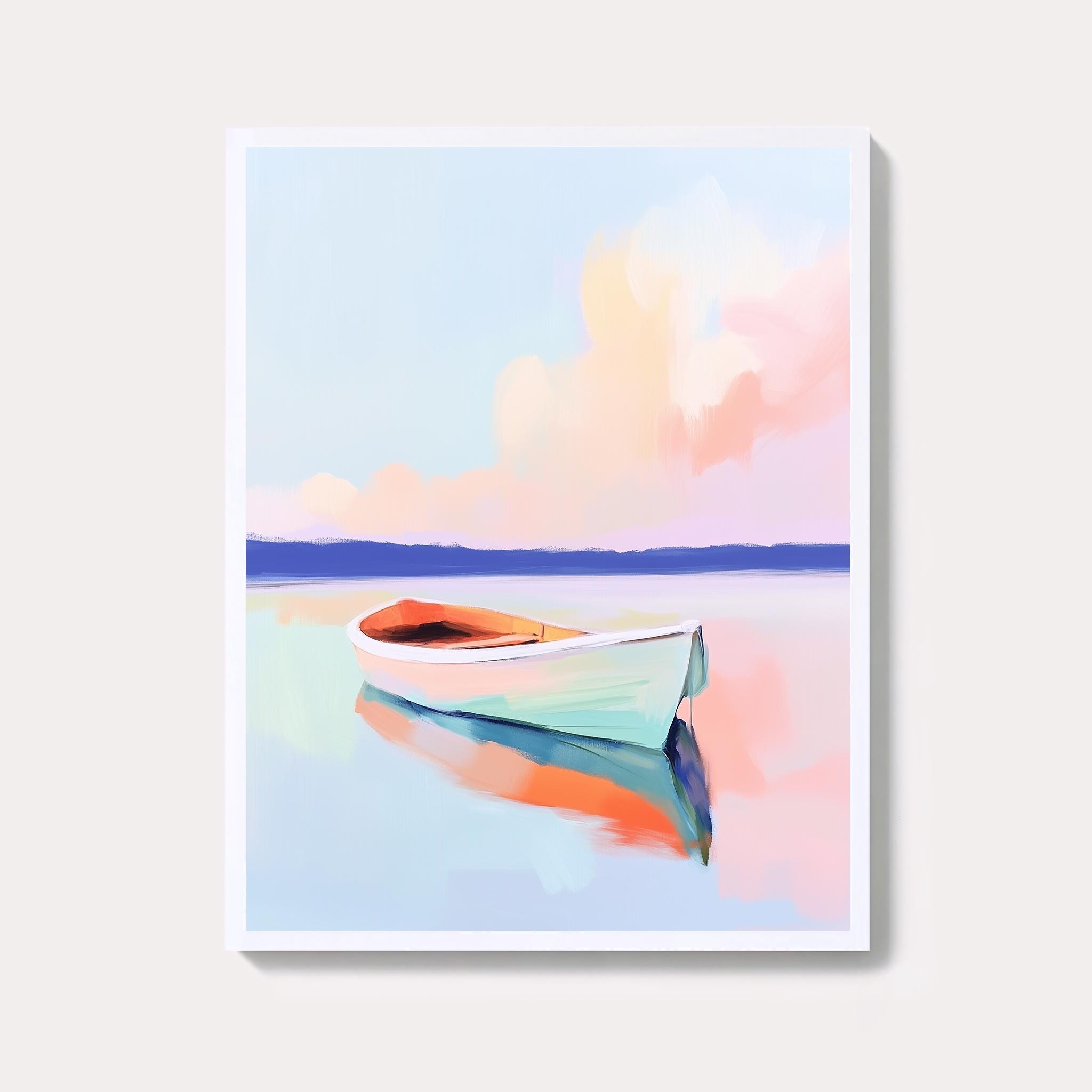 パステル調の湖畔ボート画：穏やかな水景アートプリント（デジタル