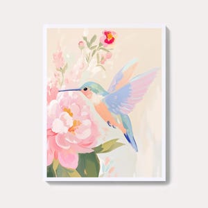 Pastel Hummingbird Painting | Floral Nature Wall Art Print | Vibrant Wildlife Art Printable | Colorful Sublimation Design