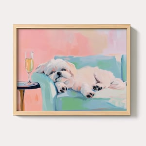 Shih Tzu-champagneschilderij | Leuke grillige cocktailmuurkunstprint | Afdrukbaar roze barwagendecor | Trendy digitale download voor thuis
