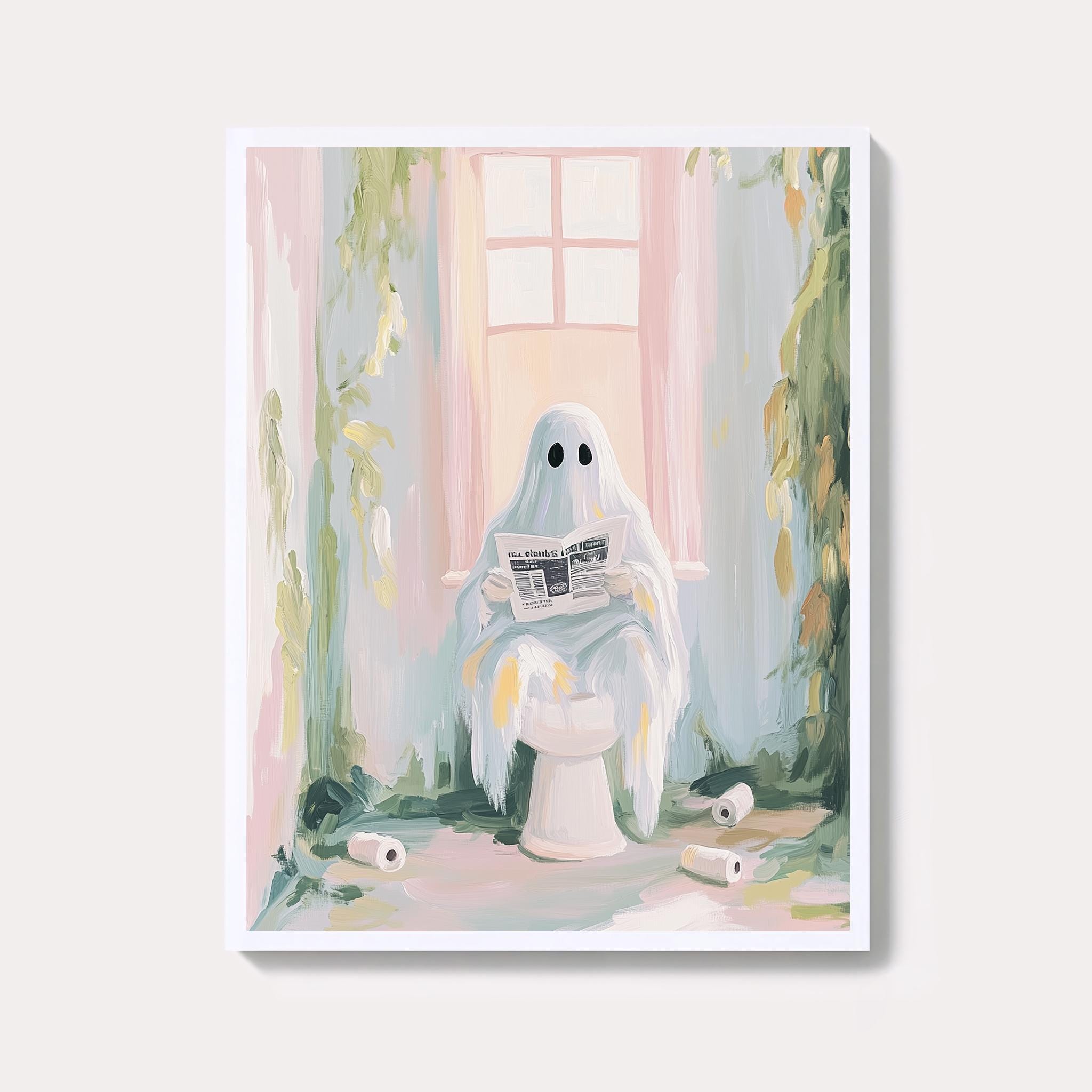 Ghost Reading in Bathroom Painting | Whimsical Dark Academia Wall Art Print | Vintage Gothic Halloween | Spooky Toilet Digital Download
