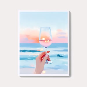 Sunset Wine Glass Painting | Romantic Ocean Pastel Wall Art Print | Coastal Summer Evening Digital Download | Seaside Cocktail Home Decor