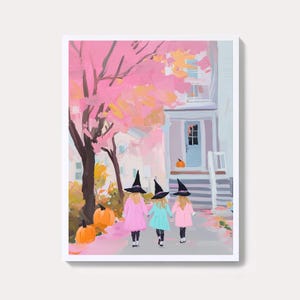 Pink Halloween Witches Art Print | Spooky Cute Trick or Treat Painting | Girl&#39;s Room Autumn Printable | Digital Download