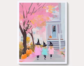 Pink Halloween Witches Art Print | Spooky Cute Trick or Treat Painting | Girl&#39;s Room Autumn Printable | Digital Download