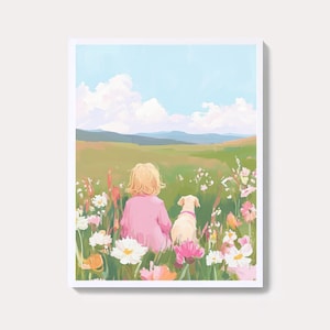 Blonde Girl Playing with Puppy Painting | Pastel Wildflower Meadow Wall Art Print | Colorful Pet Dog Printable Digital Download