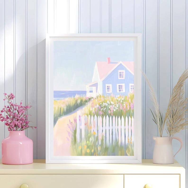 Pastel Nantucket Beach Cottage Painting | Spring Coastal House Wall Art ...