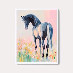Floral Horses Watercolor Painting | Pastel Flower Meadow Wall Art Print | Girly Nature Printable Digital Download | Sublimation Junk Journal