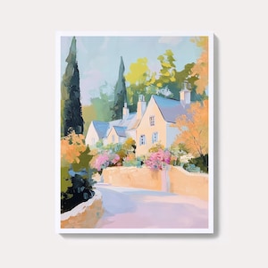 Cotswolds Pastel Landscape Painting | English Countryside Watercolor Wall Art Print | Charming Village Scenery Printable Digital Download