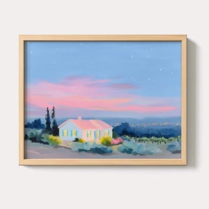 Pastel Cottage Painting: Dreamy Pink Sunset, Farmhouse Decor (Digital Download)