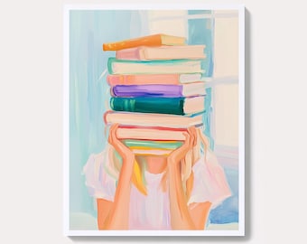 Girl with Book Tower Print: Pastel Library Art (Digital Download 5x7-24x36""
