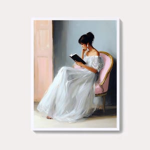 Elegant Lady Reading Painting | Romantic Pastel Wall Art Print | Vintage Feminine Aesthetic Digital Download