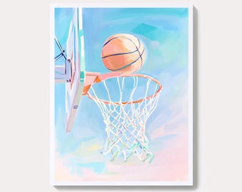 Lámina artística de baloncesto en acuarela: Decoración de pared deportiva en tonos pastel (descarga digital)