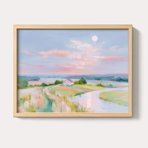Pastel Countryside House Painting | River Landscape Wall Art Print | Dreamy Cottagecore Digital Download