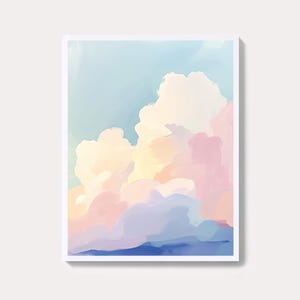 May include: Abstract painting of a pastel pink, blue, and yellow cloudy sky. The clouds are painted in a soft, brushstroke style.