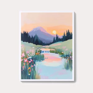 Pastel Mount Rainier Landscape Painting | Washington National Park Wall Art Print | Watercolor Home Decor Digital Download | Scenic Gift