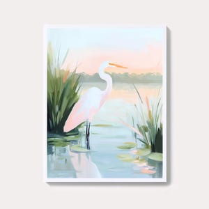 Pastel Heron Art: Green & Pink Coastal Bird Print | Egret Beach House Decor | Summer Crane Digital Download