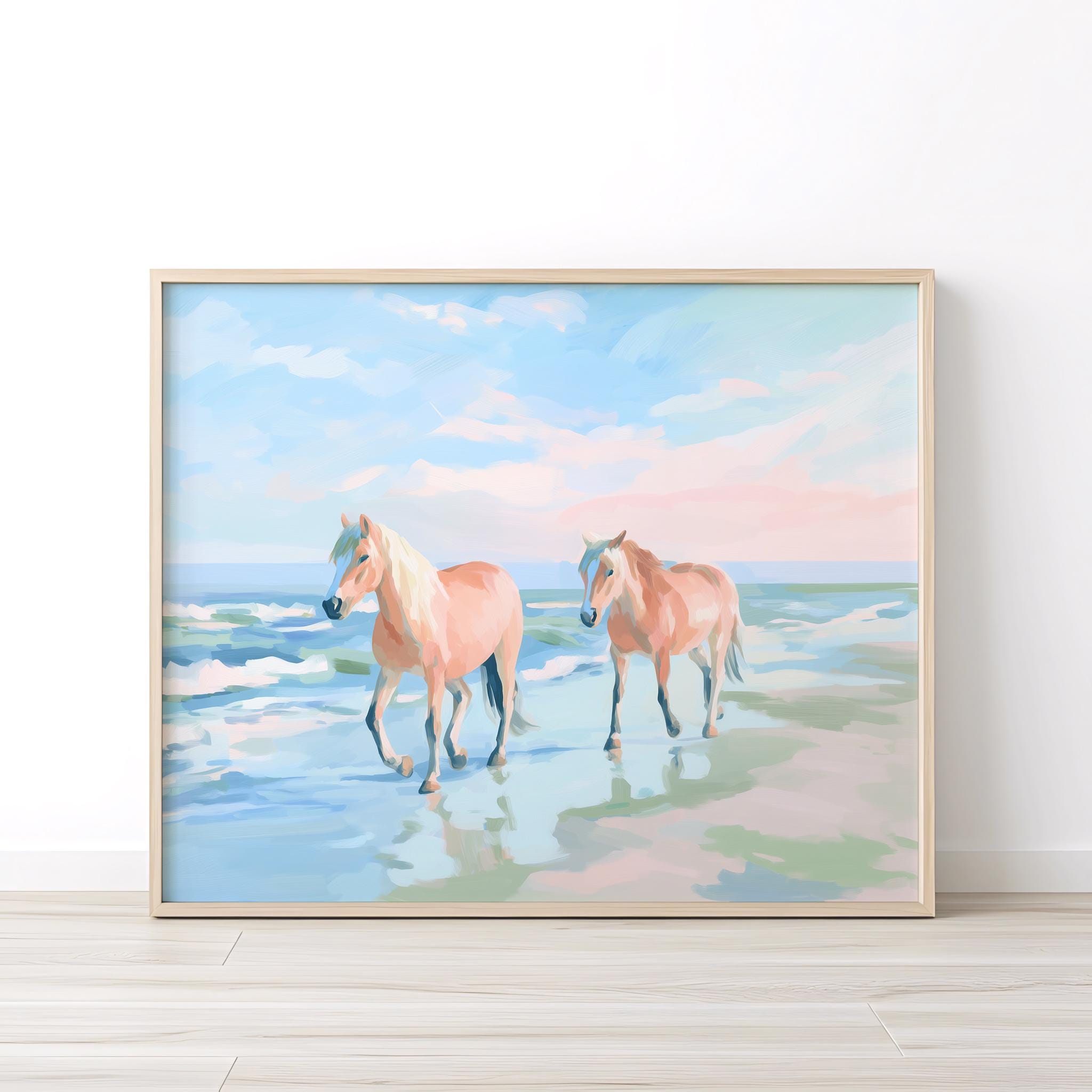 パステルカラーの馬のビーチ画 | チンコティーグ島のオーシャン