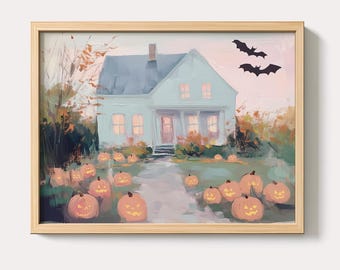 Pastel Halloween Farmhouse Painting | Spooky Pumpkin Patch Wall Art Print | Vintage Country Cottage Fall Decor| Cozy Autumn Digital Download