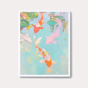 Colorful Pastel Koi Fish Painting | Zen Japanese Pond Wall Art Print | Rainbow Impressionist Watercolor Printable | Vintage Nature