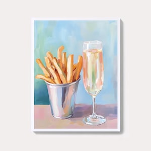 シャンパンとフライドポテトの絵画 | 気まぐれなキッチンの壁アートプリント | ピンクのカクテルバーカートのプリント | かわいいケチャップオイルのデジタルダウンロード