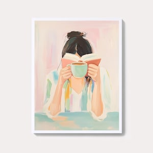 Modern Reading Woman Painting | Green Book & Coffee Wall Art Print | Minimalist Striped Digital Illustration | Abstract Portrait