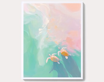 Pintura de tortugas marinas: Arte costero tropical en tonos pastel (Descarga digital)