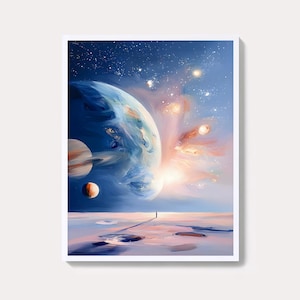 Galaxy Space Landscape Painting | Cosmic Planet Wall Art Print | Surreal Astronomy Digital Download