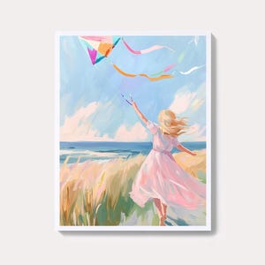 Mädchen fliegend Drachen Kunstdruck Pastell Himmel, Sommer Brise (Digitaler Download)