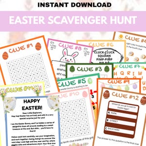Può includere: Una collezione di indizi stampabili per la caccia al tesoro di Pasqua con disegni colorati. Ogni carta indizio presenta un design unico, tra cui uova di Pasqua, coniglietti e puzzle di parole. Il testo "INSTANT DOWNLOAD" e "EASTER SCAVENGER HUNT" sono in alto.