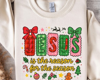 Jesús es la razón de la Navidad PNG SVG, Navidad cristiana coqueta PNG, Lazo preppy floral Fe Jesús