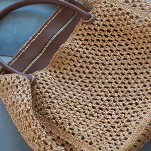 Handmade Faux Leather Crochet Beach Bag – Paper Raffia Tote – Large Summer Boho Straw Purse – Summer Vacation Bag – Travel Tote