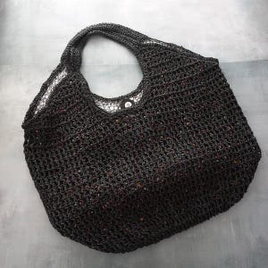 Handmade Large Crochet Beach Bag – Black Paper Raffia Summer Shoulder Tote – Boho Straw Vacation Travel Bag
