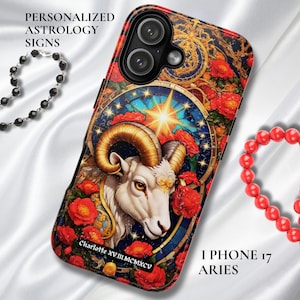 May include: An iPhone 17 case with an Aries zodiac design. The case features a colorful floral and celestial pattern with a ram illustration. The text "PERSONALIZED ASTROLOGY SIGNS" and "Charlotte XVIII MCMXCV" are visible. The case is a phone accessory.