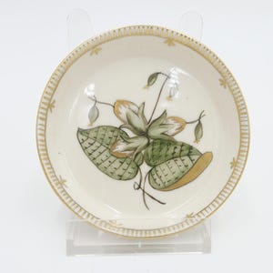 Könnte beinhalten: Eine weiße Porzellansaucers mit goldfarbenem Rand und einem grünen und goldenen Blumendesign.